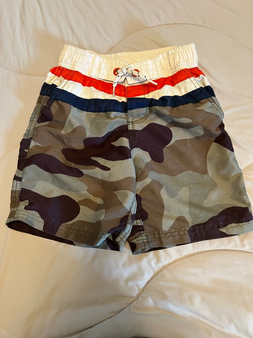 Camo Print Boys Swim Trunks with Red & Navy Waistband